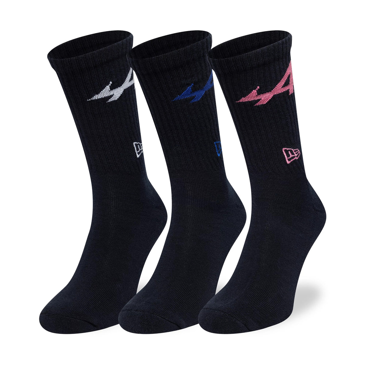 New Era Alpine Racing Alpine Logo Navy 3 Pack Crew Socks, front view showing three pairs of navy socks each with a different embroidered Alpine logo in white, blue, and pink, and the New Era logo positioned above the ankle.