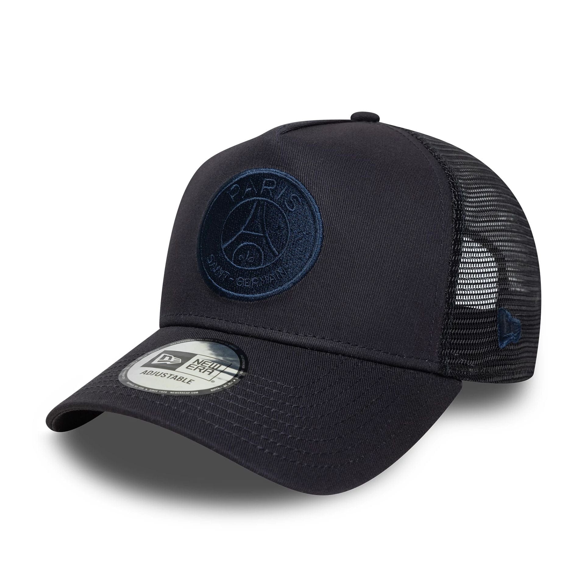 This is a Paris Saint-Germain Tonal Navy 9FORTY A-Frame Trucker Adjustable Cap 1