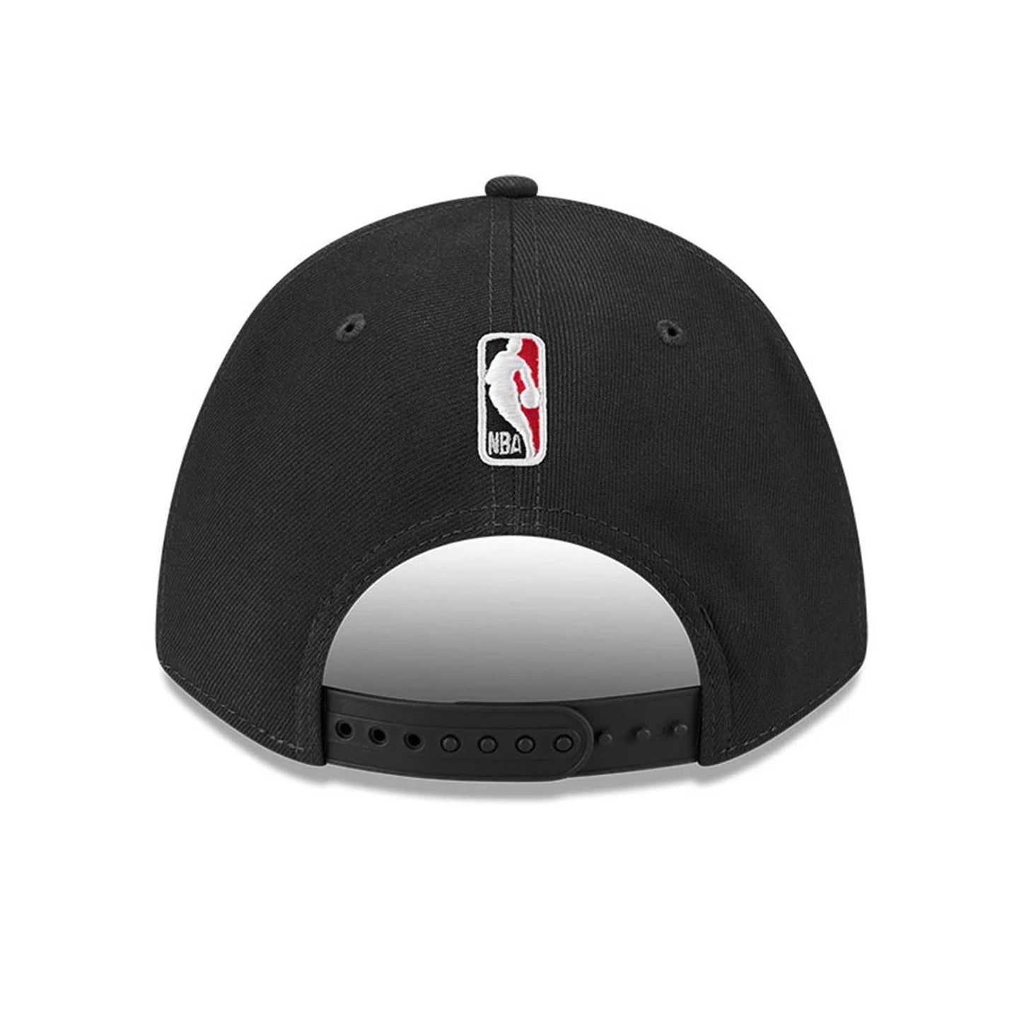 Chicago Bulls NBA Team Black New Era 9FORTY M-Crown Adjustable Cap, rear view showing the embroidered NBA logo at the centre back above the black adjustable strap and the curved black visor beneath.