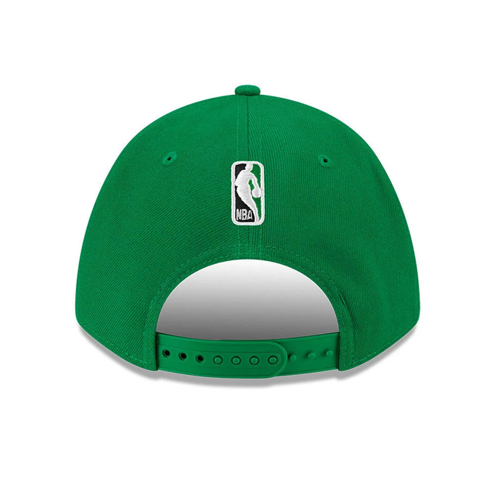 Boston Celtics NBA Team Green New Era 9FORTY M-Crown Adjustable Cap, rear view showing the white embroidered NBA logo at the centre of the back panels above the green adjustable strap, with matching green eyelets and top button.