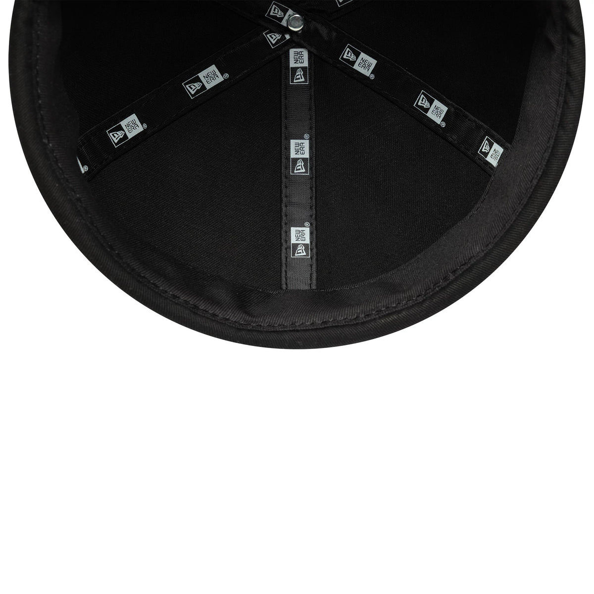 New Era Cotton Twill Black Docker Hat, inside view showing the black sweatband and contrasting New Era logo taping along the seams, with detailed construction on the underside of the crown.