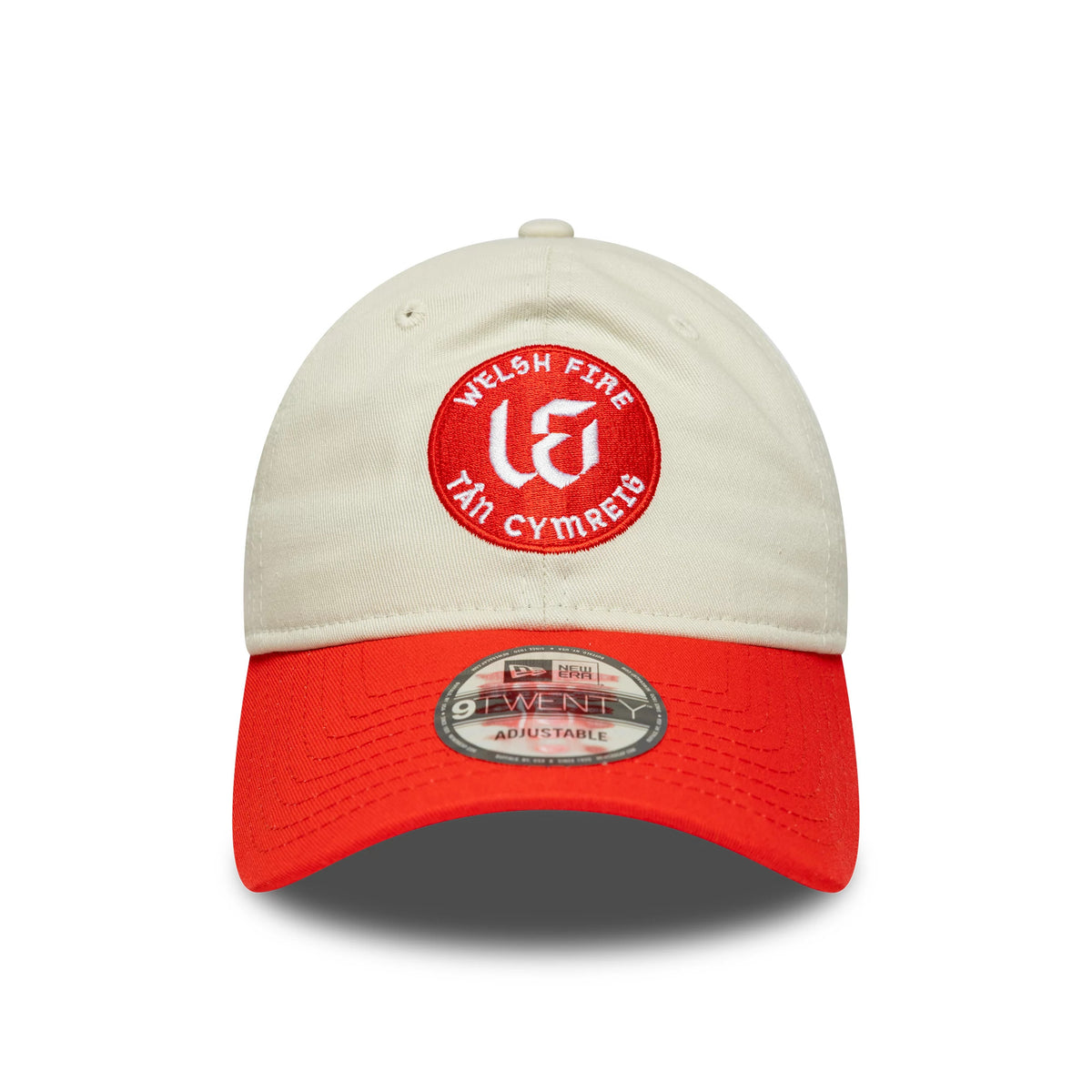 Welsh Fire Tan Cymreig The Hundred 2025 Contrast Light Beige New Era 9TWENTY Adjustable Cap, front view showing a red and white embroidered logo on the front panel, with a bright red curved visor and a 9TWENTY size sticker.