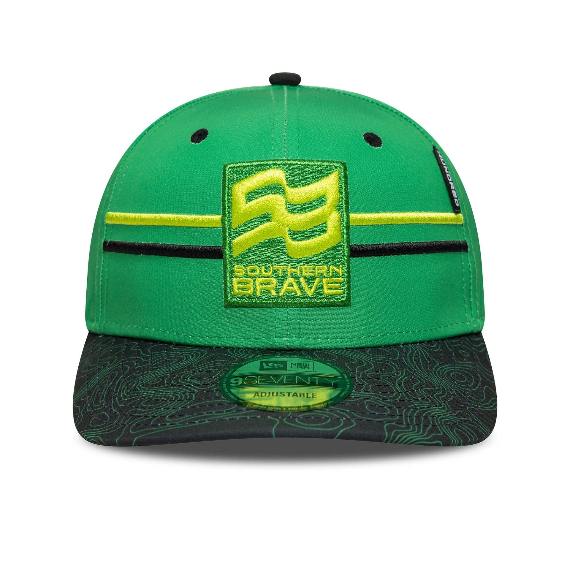 This is a Southern Brave The Hundred 2025 All Over Print Bright Green 9SEVENTY Stretch Snap Adjustable Cap 2