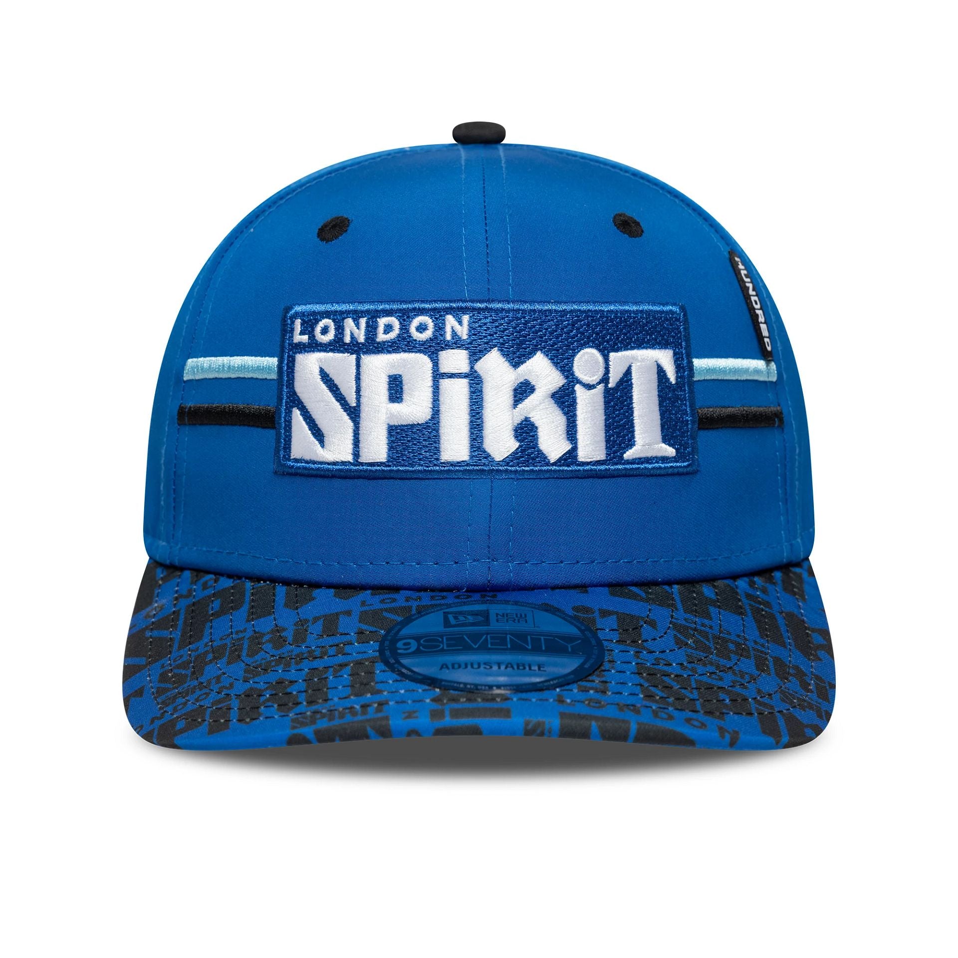 This is a London Spirit The Hundred 2025 All Over Print Blue 9SEVENTY Stretch Snap Adjustable Cap 2