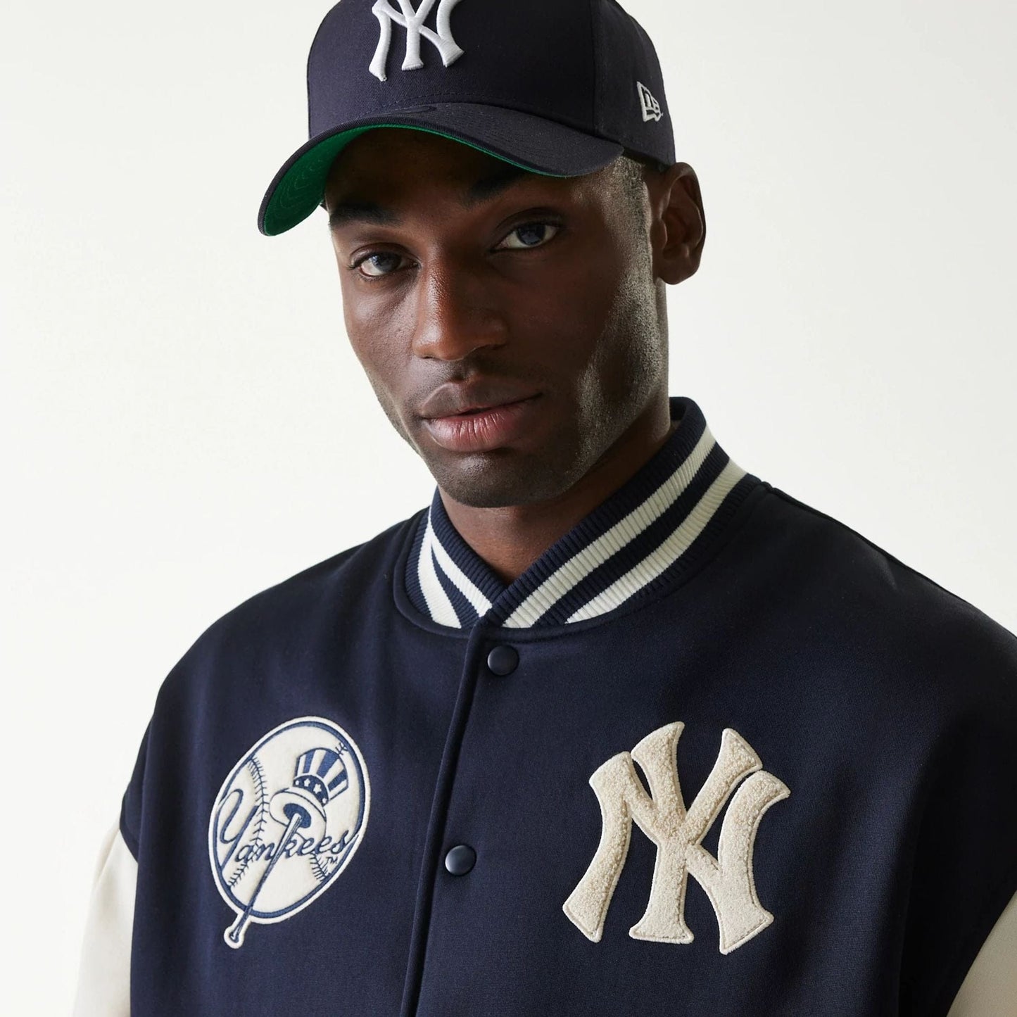 The Male model is wearing New York Yankees MLB Jersey Navy Bomber Jacket 7
