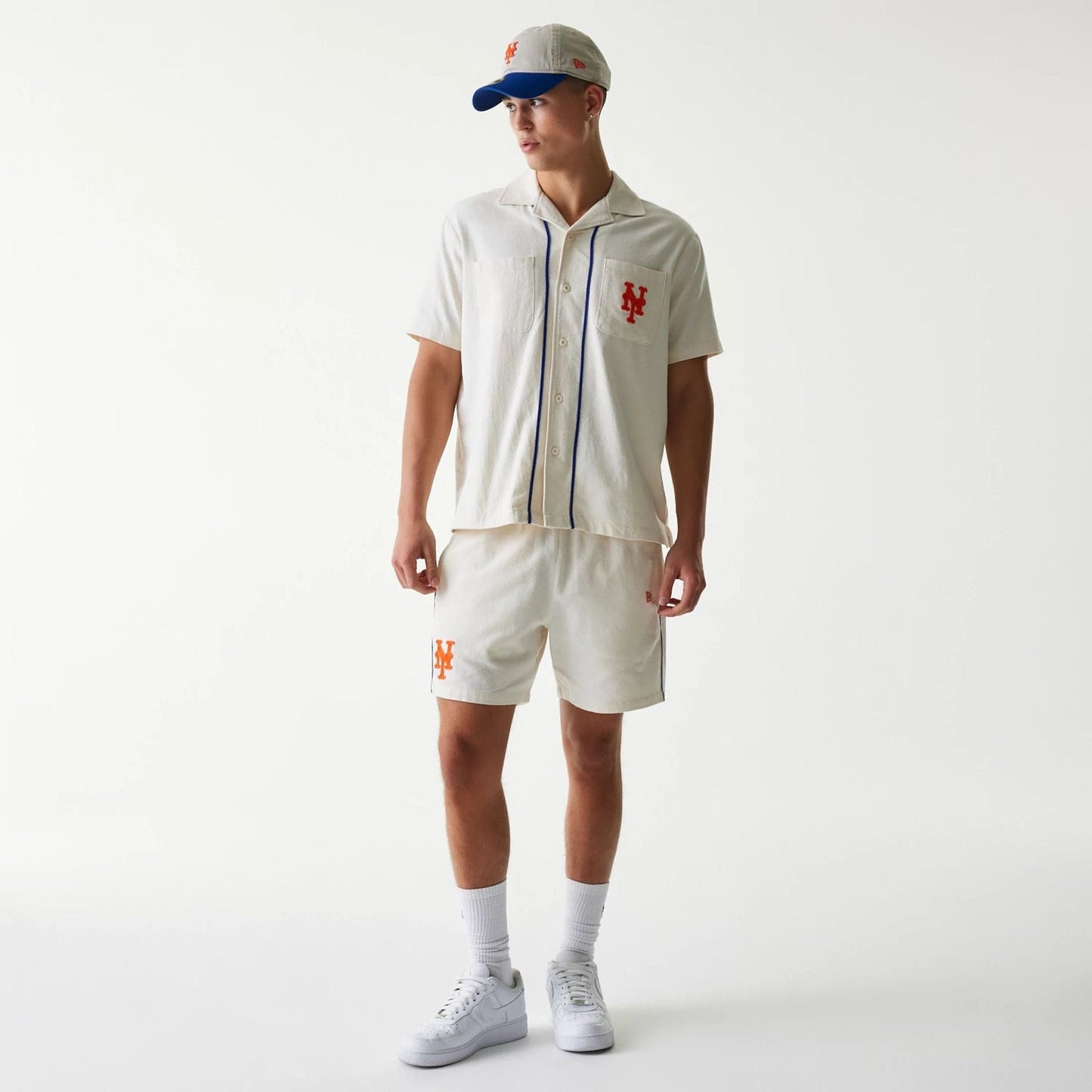The Male model is wearing New York Mets MLB Piping Open Cream Short Sleeve Shirt 8