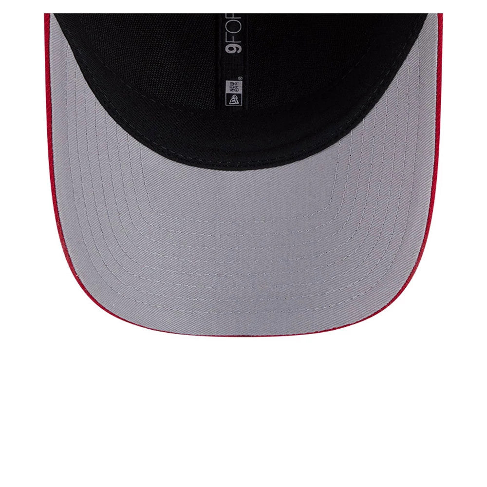 Florida Panthers NHL Team Red New Era 9FORTY M-Crown Adjustable Cap, inside view showing the grey undervisor with red edging, black internal taping with white text and a black sweatband.