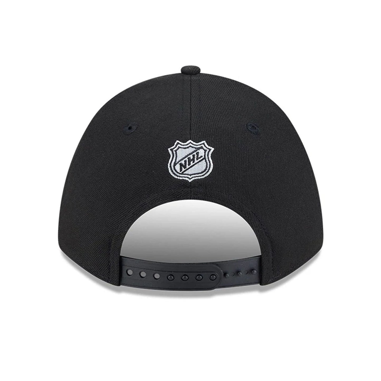 LA Kings NHL Team Black New Era 9FORTY M-Crown Adjustable Cap, rear view showing the white embroidered NHL shield logo at the centre of the back panels above the adjustable black strap.