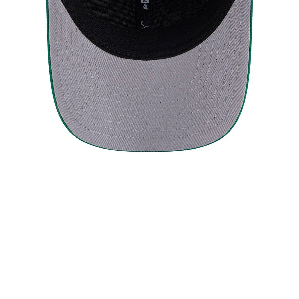 Dallas Stars NHL Team Green New Era 9FORTY M-Crown Adjustable Cap, inside view showing the black sweatband, grey undervisor with green edge, and centred New Era taping along the seam.