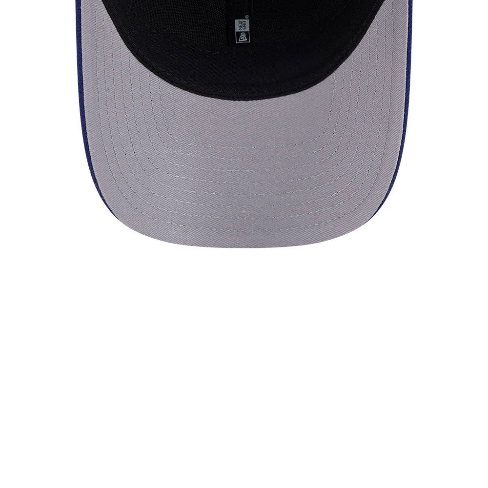 Tampa Bay Lightning NHL Team Blue New Era 9FORTY M-Crown Adjustable Cap, inside view showing a black sweatband with branded taping, a grey undervisor, and a black care label near the centre.