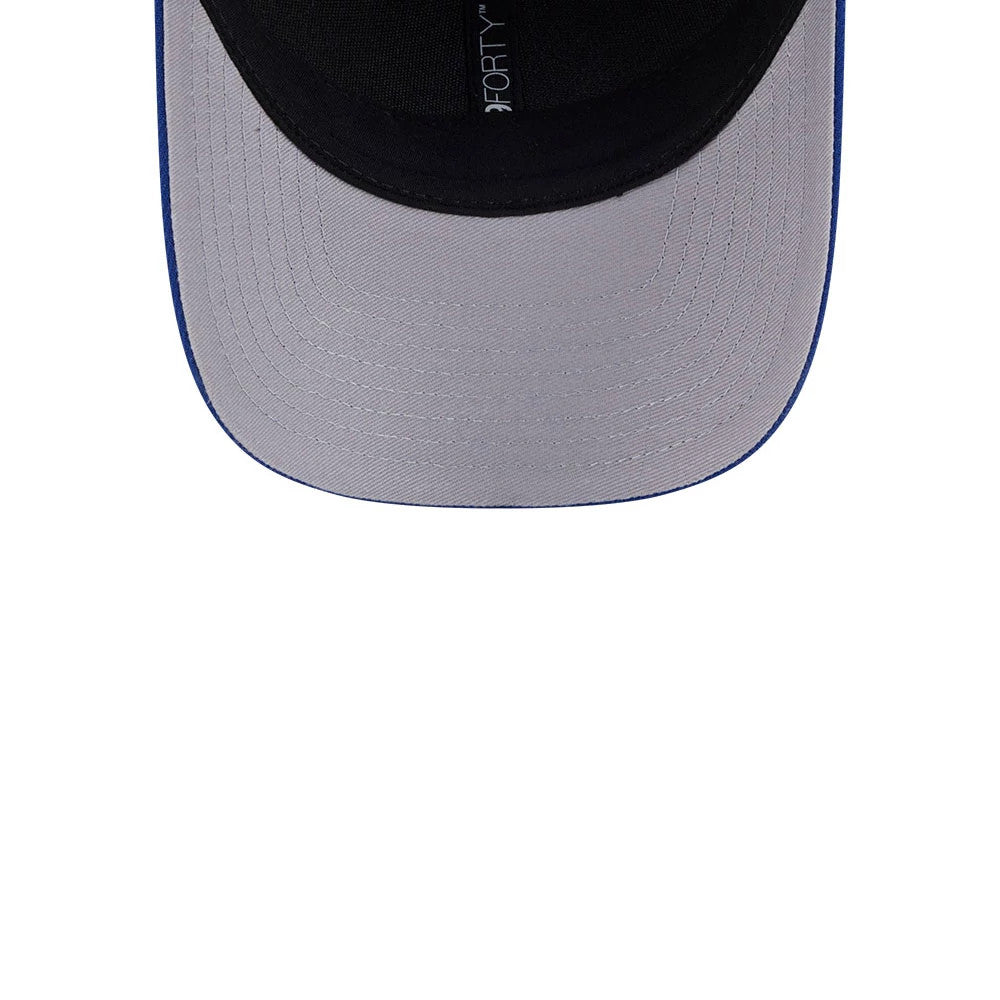 New York Islanders NHL Team Blue New Era 9FORTY M-Crown Adjustable Cap, inside view showing the black sweatband with 9FORTY text, a grey undervisor, and stitching along the visor edge.