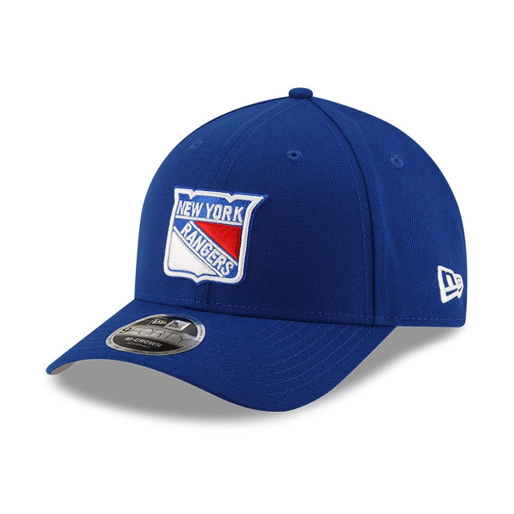 New York Rangers NHL Team Blue New Era 9FORTY M-Crown Adjustable Cap, three-quarter view with a raised embroidered team logo on the front panel, a curved visor with a 9FORTY size sticker, and the New Era flag logo on the left side.
