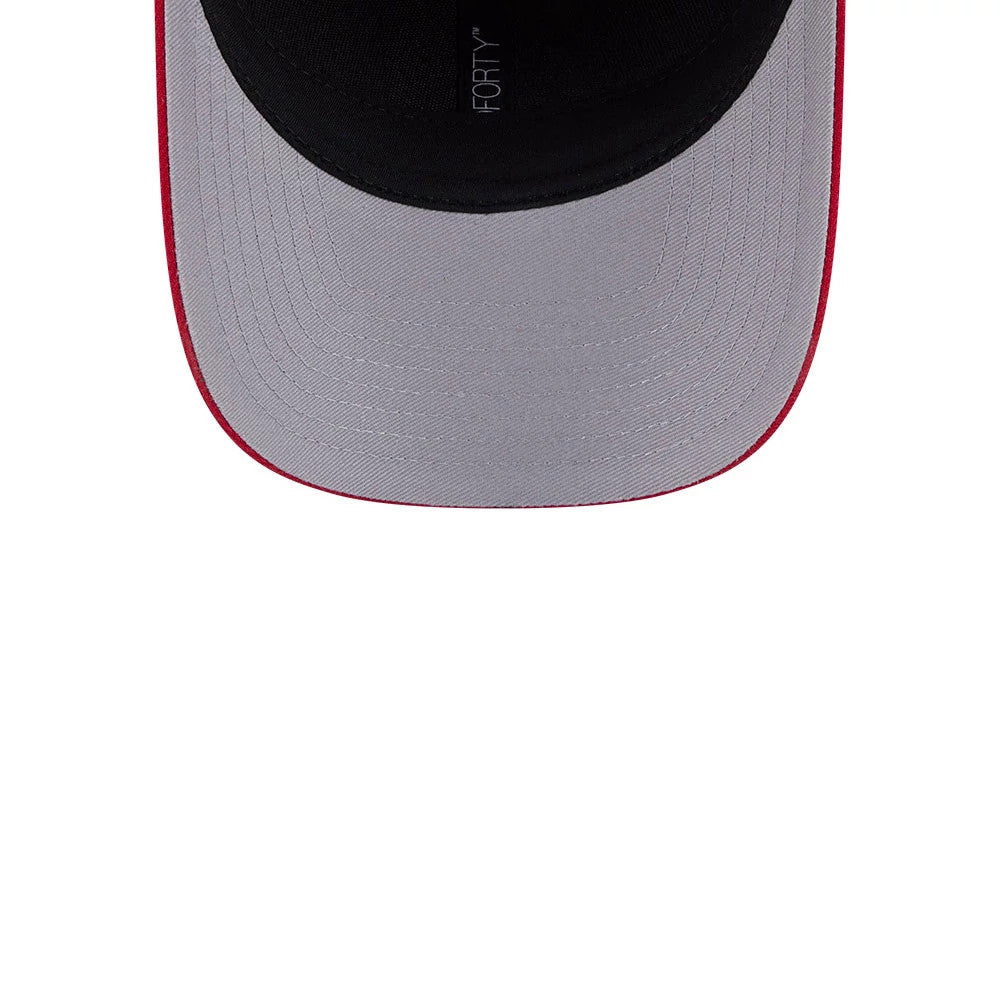 New Jersey Devils NHL Team Red New Era 9FORTY M-Crown Adjustable Cap, inside view showing the grey undervisor, black sweatband with FORTY branding in white, and the structured shape of the crown.