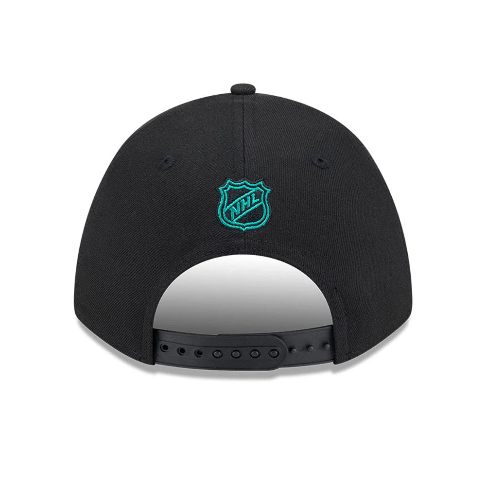 California Golden Seals NHL Team Black New Era 9FORTY M-Crown Adjustable Cap, rear view showing the teal embroidered NHL shield logo at the centre of the back panels, with an adjustable black snapback closure.