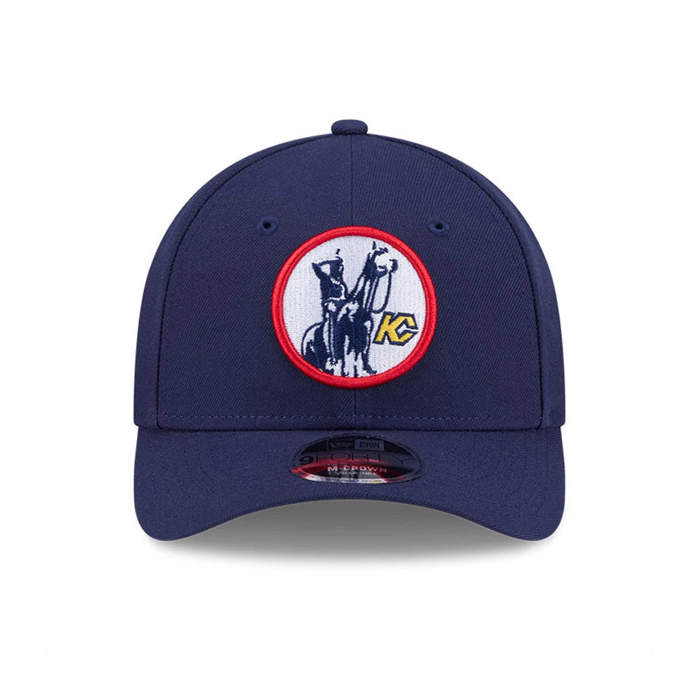 Kansas City Scouts NHL Team Navy New Era 9FORTY M-Crown Adjustable Cap, front view showing the embroidered KC Scouts logo patch with a red border on the structured navy crown, topped with a round top button.