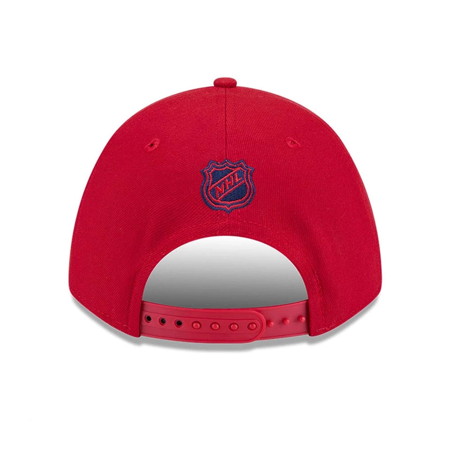 Washington Capitals NHL Team Red New Era 9FORTY M-Crown Adjustable Cap, rear view showing the navy embroidered NHL shield logo at the centre of the back panels above the red adjustable strap, with small red embroidered eyelets.