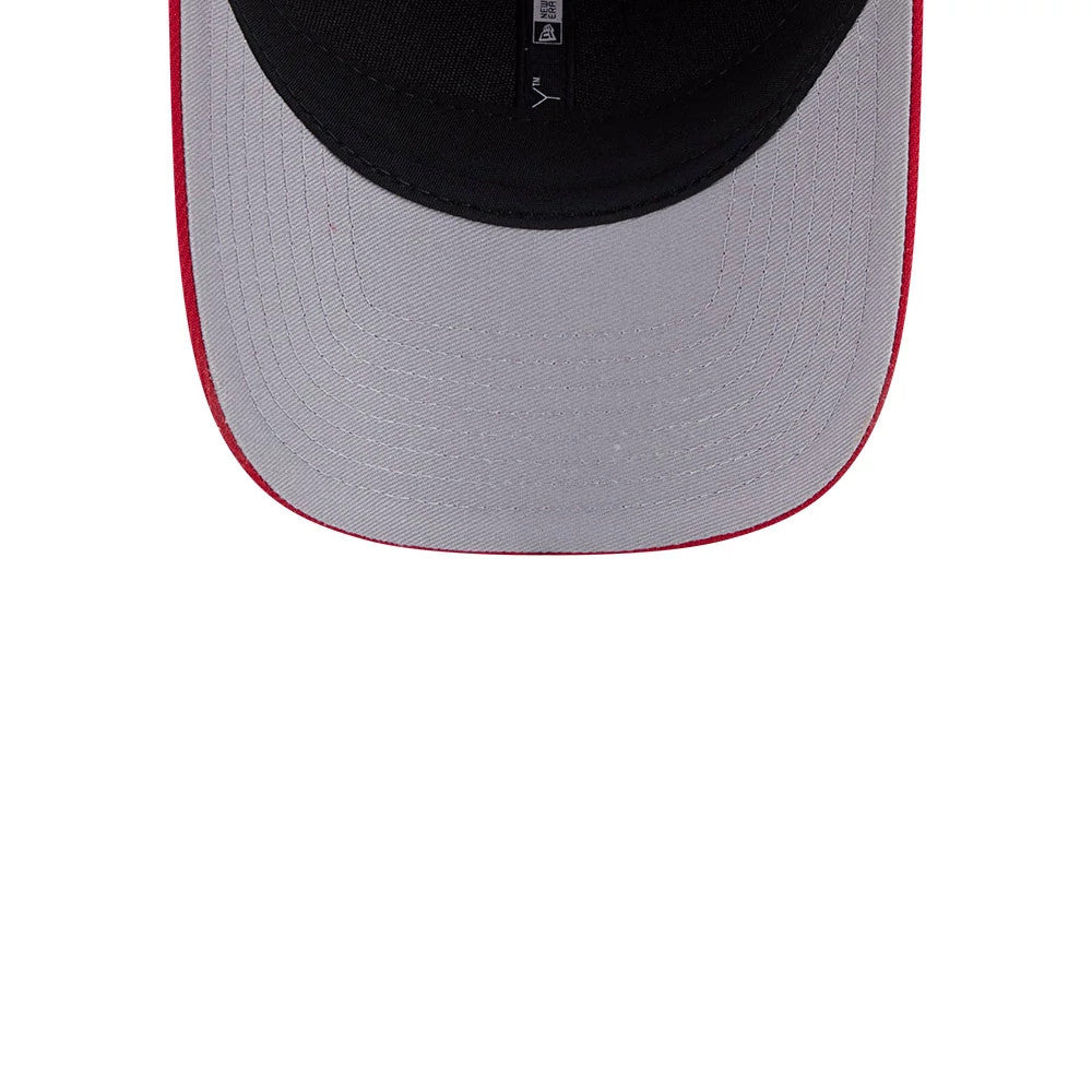 Washington Capitals NHL Team Red New Era 9FORTY M-Crown Adjustable Cap, inside view showing the grey undervisor with black taping running along the seams and a partially New Era logo.