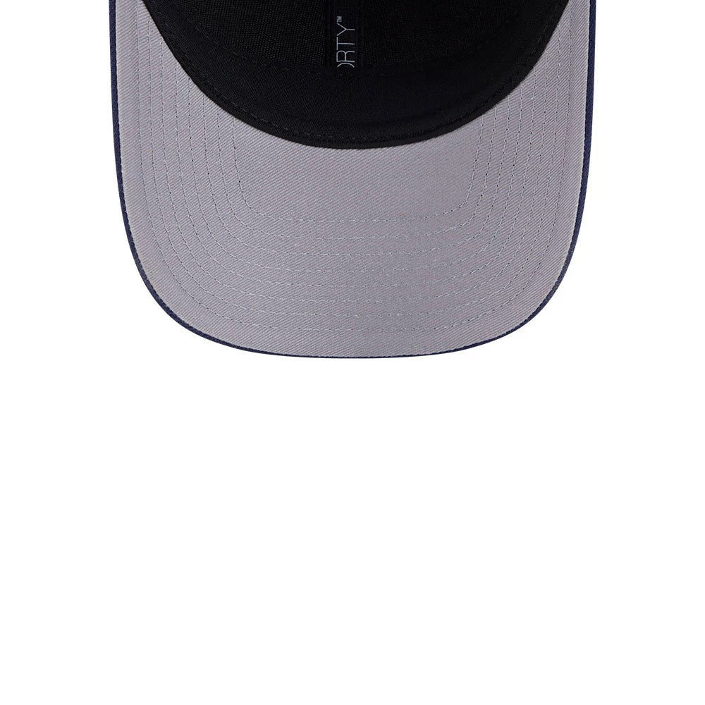 Winnipeg Jets NHL Team Navy New Era 9FORTY M-Crown Adjustable Cap, inside view showing a light grey undervisor and black interior band with stitched on the visor edge, enhancing the structured navy crown design.