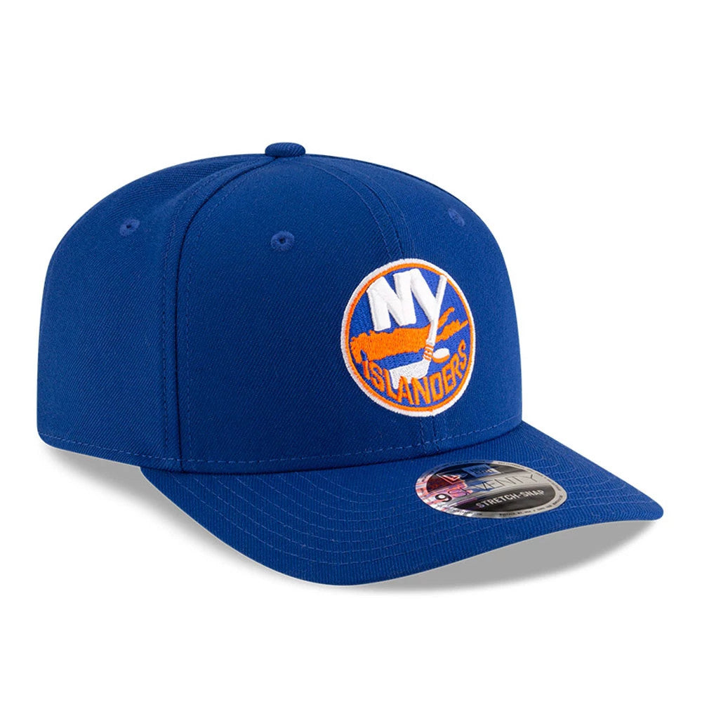 New York Islanders NHL Team Blue New Era 9SEVENTY Stretch Snap Adjustable Cap, three-quarter view showing the raised embroidered NY Islanders logo on the front panel, with a flat blue visor and 9SEVENTY size sticker.
