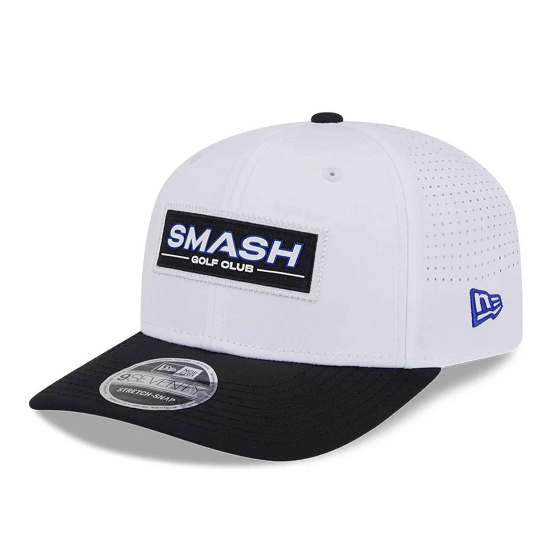 This is a Smash Patch LIV Golf 2025 White 9SEVENTY Stretch Snap Adjustable Cap 1