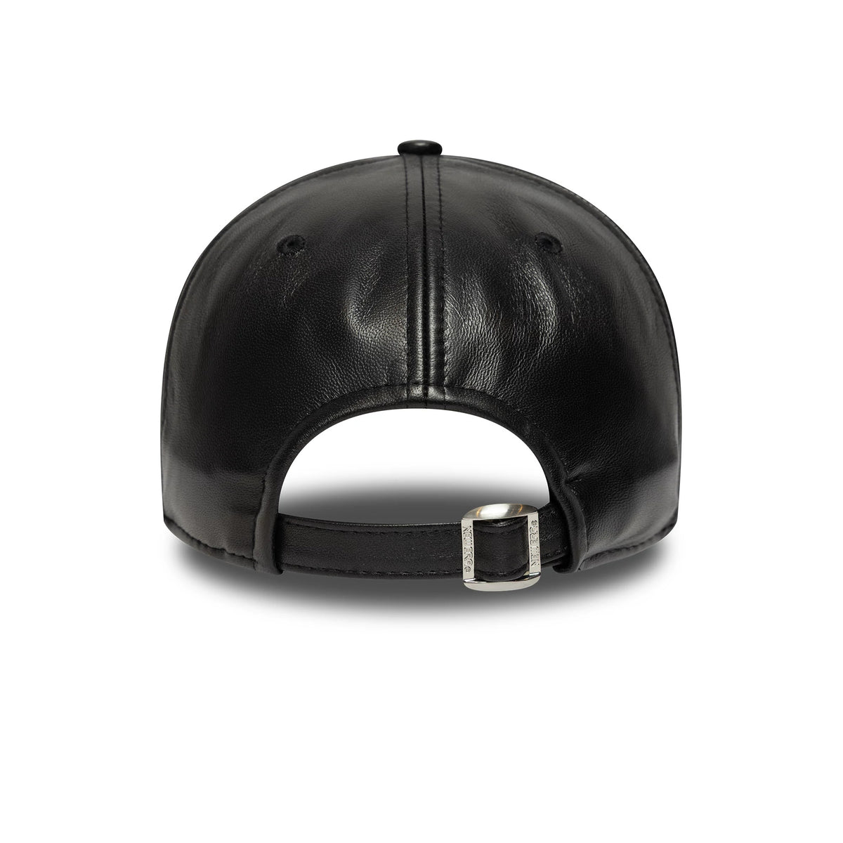 New York Yankees MLB Leather Black New Era 9FORTY M-Crown Adjustable Cap, rear view showing the black leather panels, with a buckle on the adjustable strap and black embroidered eyelets.
