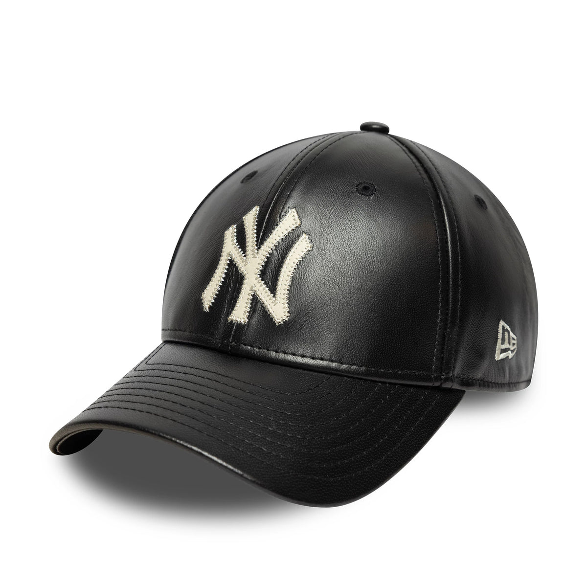 New York Yankees MLB Leather Black New Era 9FORTY M-Crown Adjustable Cap, three-quarter view showing a white embroidered NY logo on the front panel, a curved black visor, and the New Era flag logo on the left side.