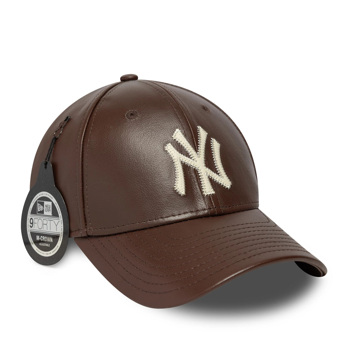 New York Yankees MLB Leather Dark Brown New Era 9FORTY M-Crown Adjustable Cap, three-quarter view showing the white raised embroidered NY logo on the front panel and a 9FORTY size sticker on the brown curved visor.