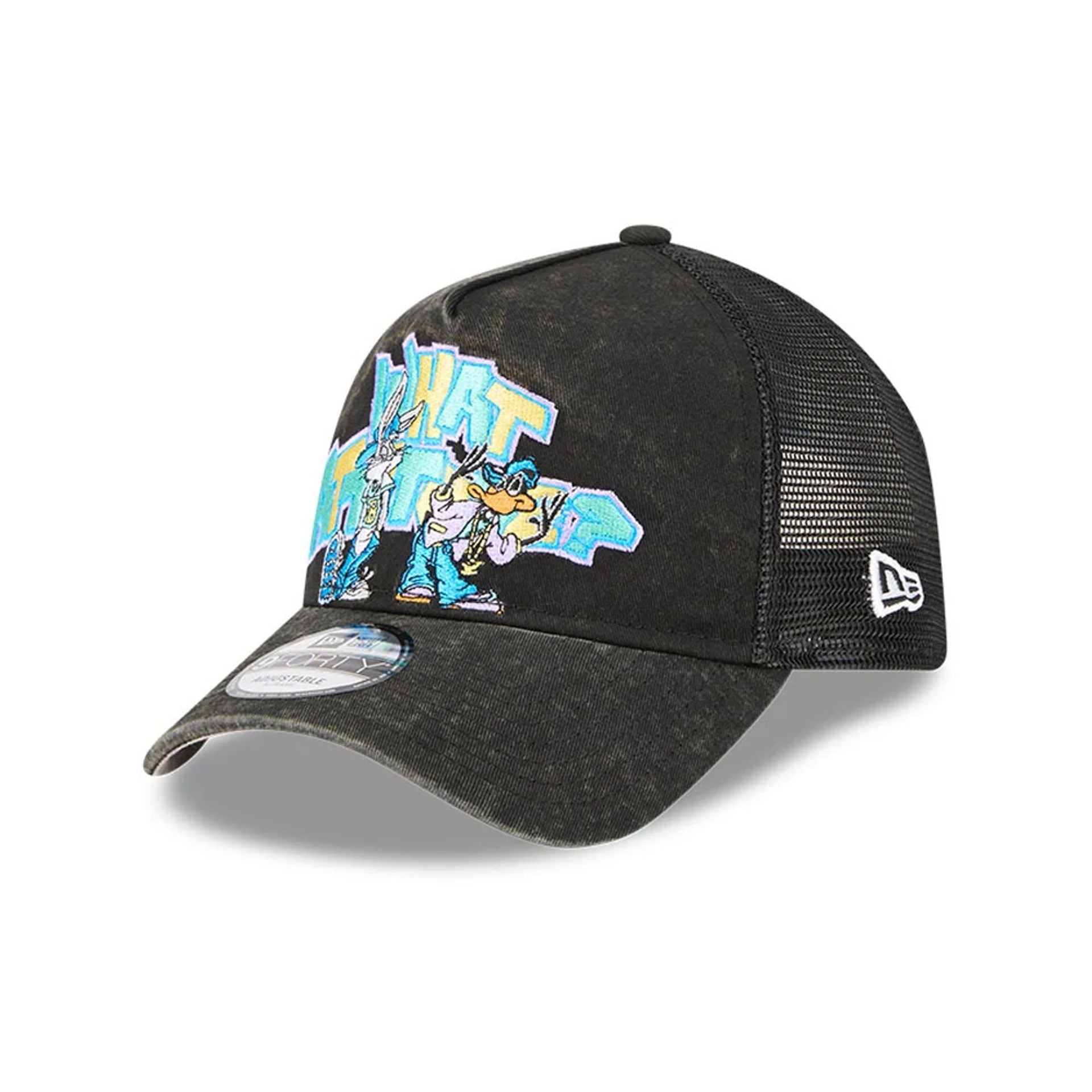 This is a Multi Character Looney Tunes Black 9FORTY A-Frame Trucker Adjustable Cap 1