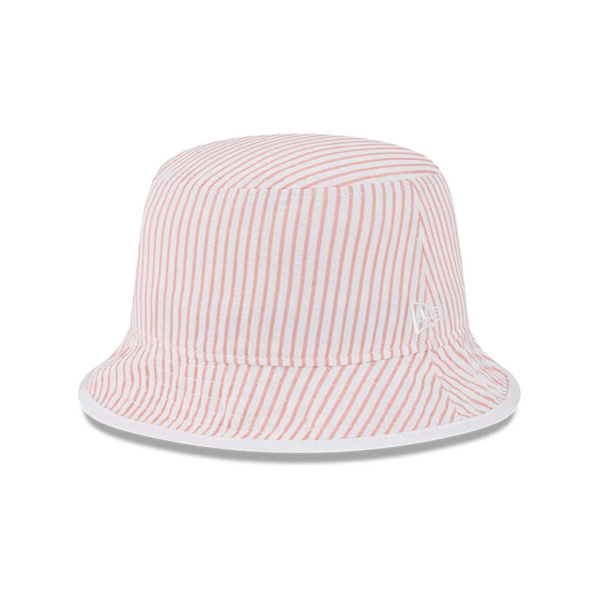 This is a New Era Pinstripe Pastel Orange Bucket Hat 1