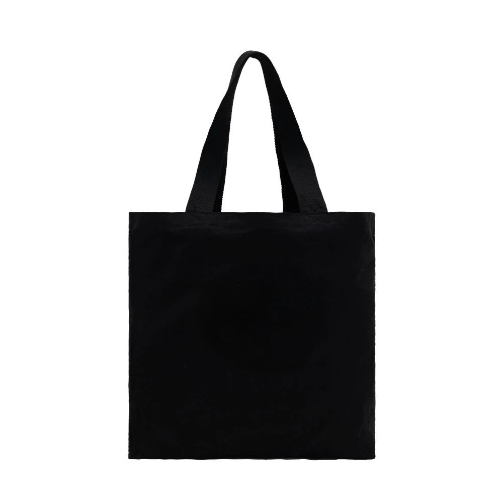 New Era Black Tote Bag, front view showing a simple, solid black design with two handles extending from the top, and a embroidered New Era logo near the top edge.