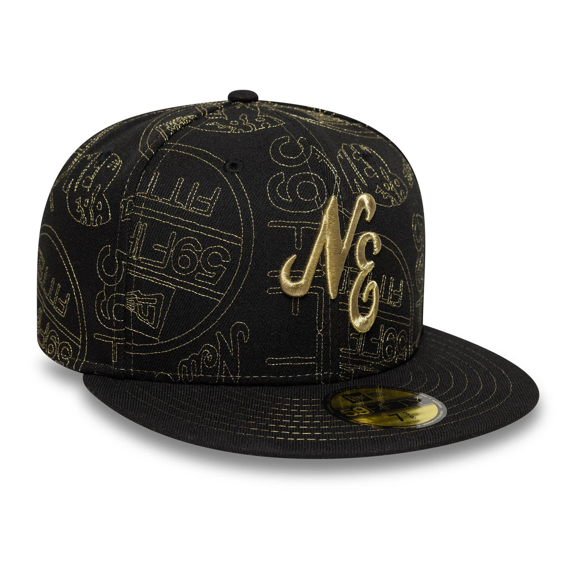New Era Sticker Black 59FIFTY Fitted Cap, three-quarter view with a gold raised embroidered NE logo on the front panel, featuring all-over gold outline graphics and a black flat visor with a gold 59FIFTY size sticker.