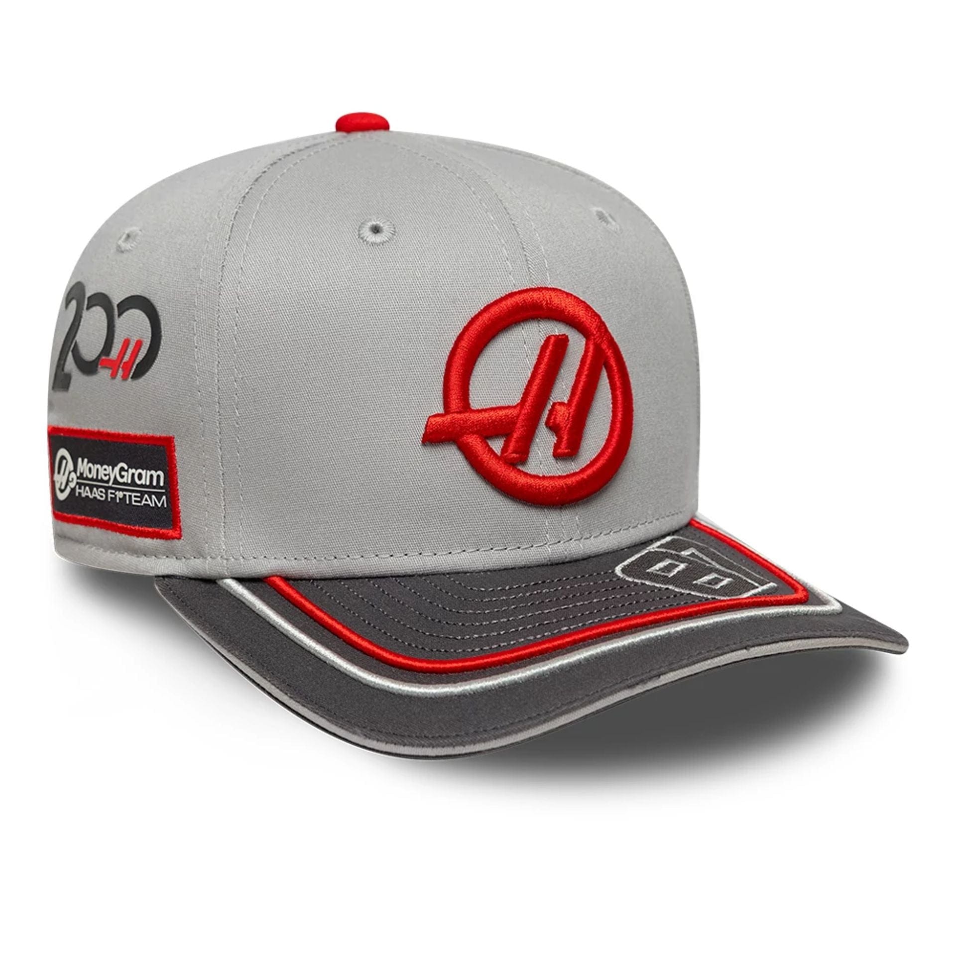This is a MoneyGram Hass F1 Oliver Bearman 200th Race Dark Grey 9SEVENTY Snapback Adjustable Cap 1