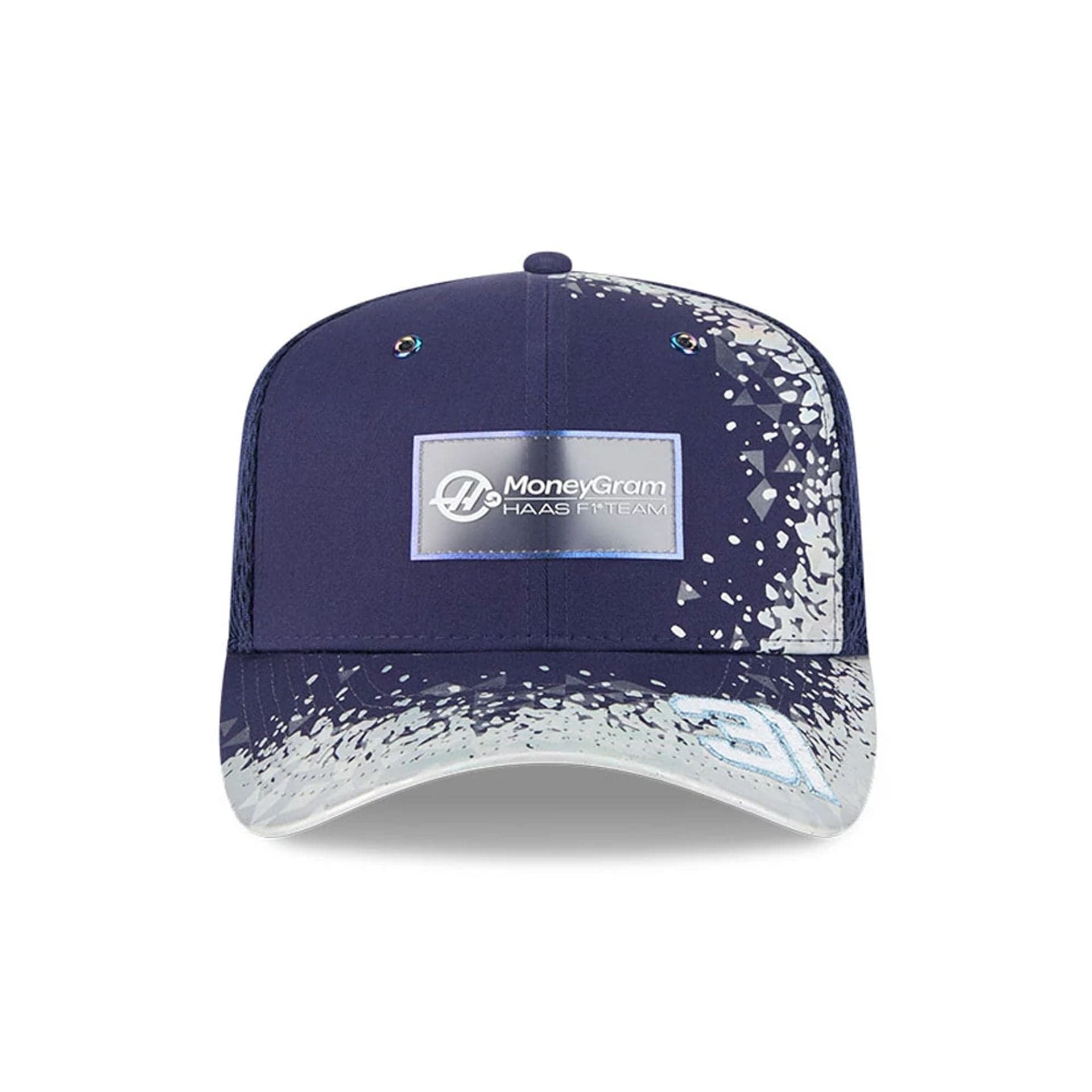 This is a MoneyGram Haas Formula 1 Esteban Ocon Vegas Race Special Navy 9FIFTY Stretch Snap Adjustable Cap 2