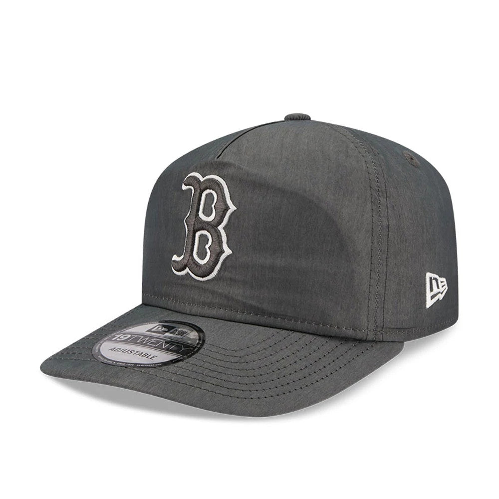 Boston Red Sox MLB Nylon Open Grey New Era 19TWENTY Adjustable Cap, three-quarter view showing the raised embroidered white B logo on the front panel, with a grey curved visor and the New Era flag logo on the left side.