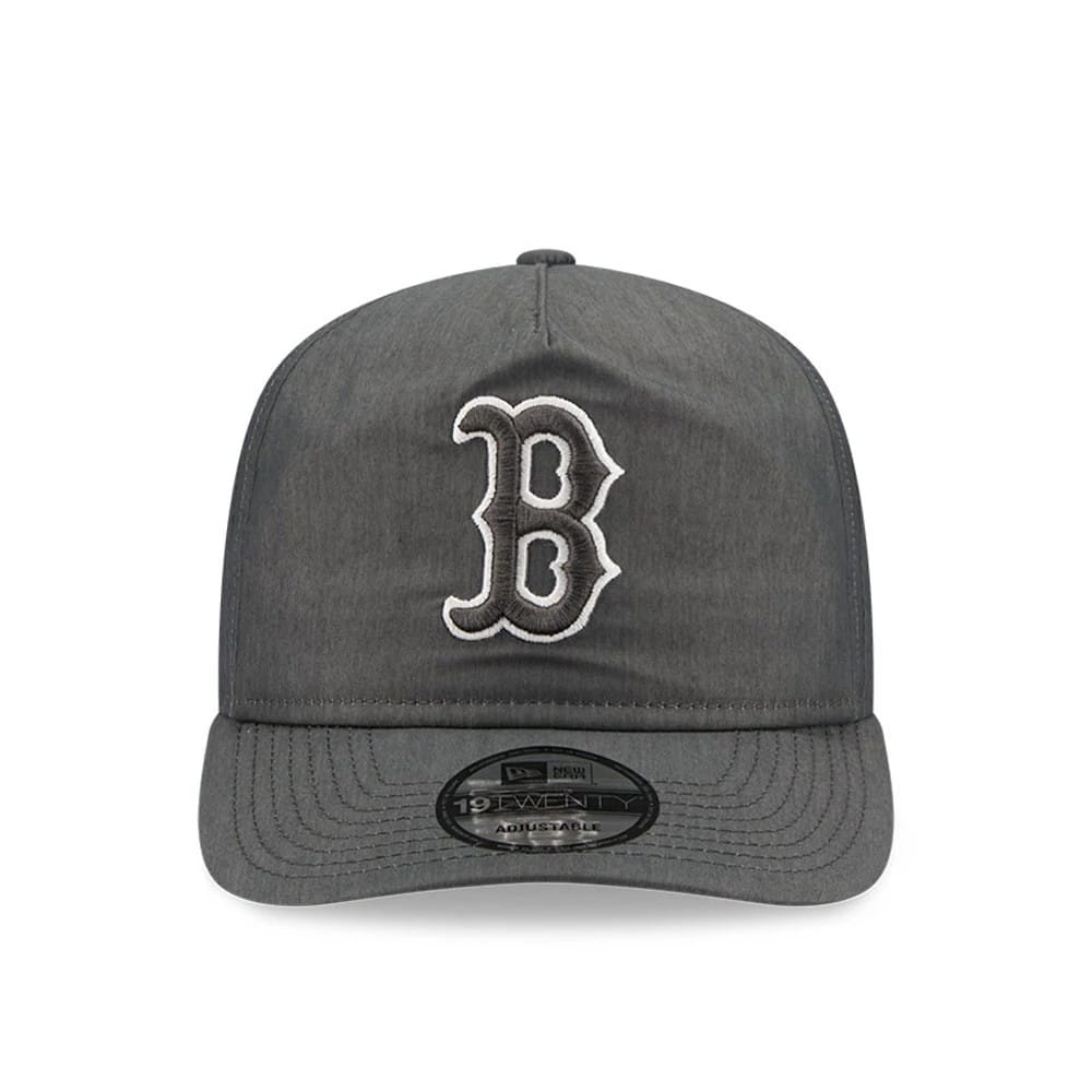 Boston Red Sox MLB Nylon Open Grey New Era 19TWENTY Adjustable Cap, front view showing the raised white embroidered B logo on the grey crown, with a black 19TWENTY size sticker on the grey curved visor.