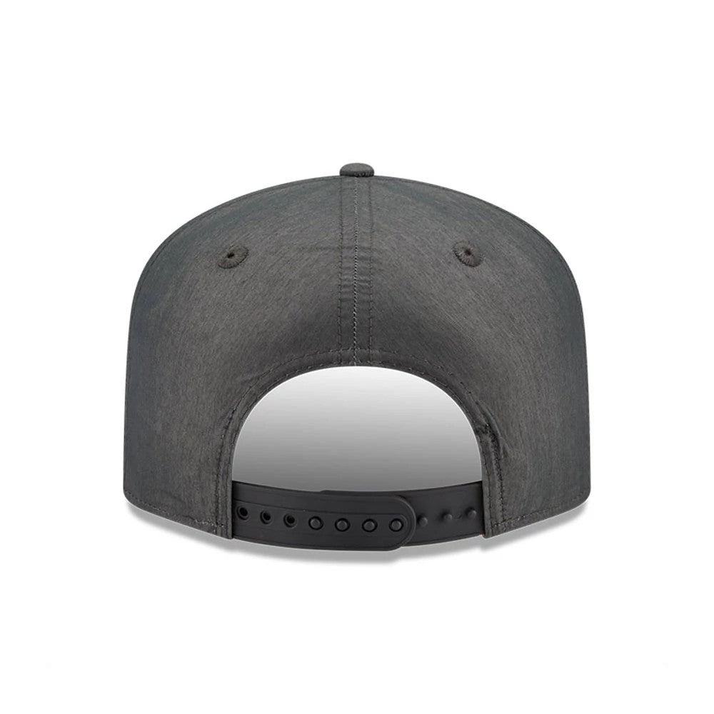 Boston Red Sox MLB Nylon Open Grey New Era 19TWENTY Adjustable Cap, rear view showing the grey back panels with black adjustable strap, eyelets, and seam details on the structured crown.