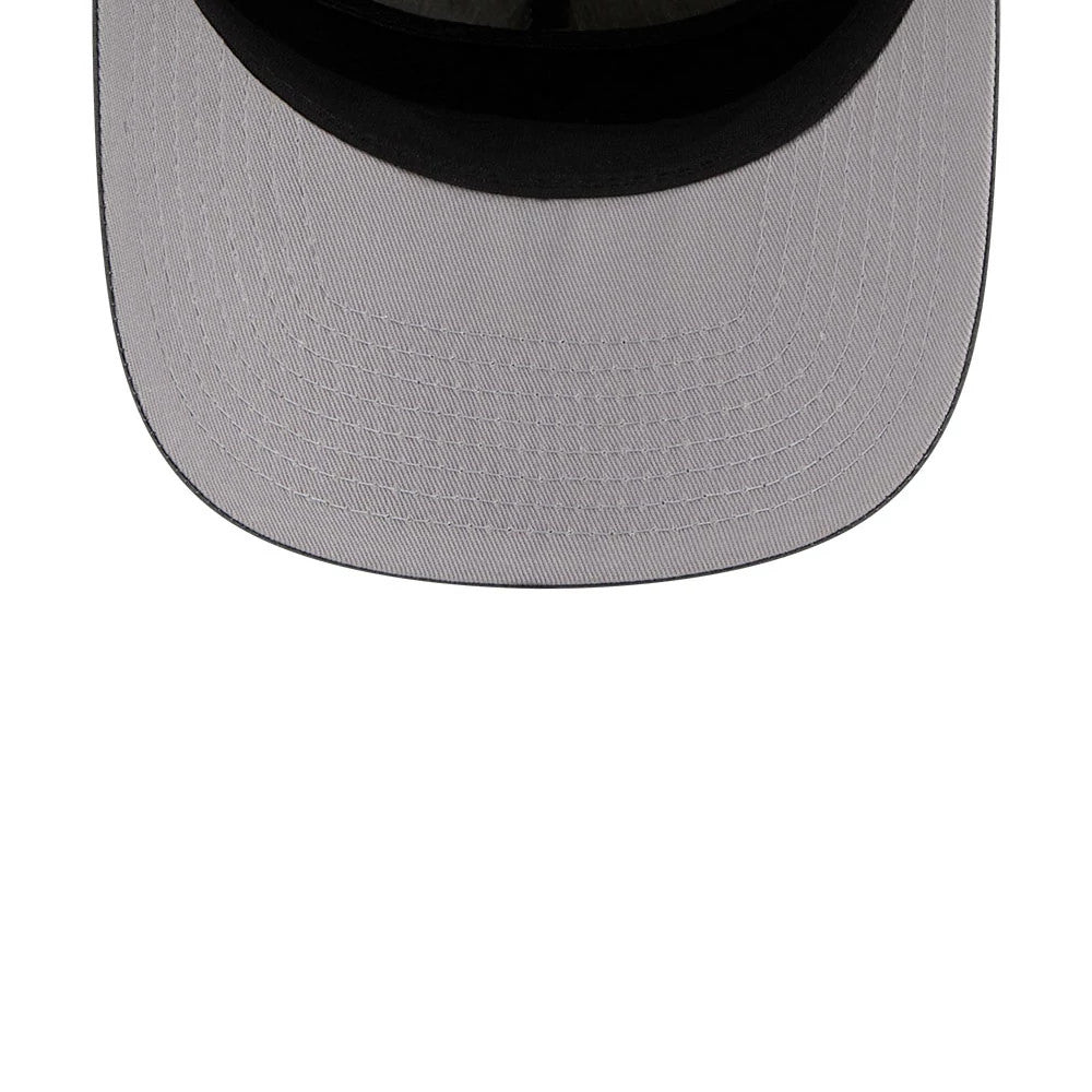 Boston Red Sox MLB Nylon Open Grey New Era 19TWENTY Adjustable Cap, close-up view showing the grey curved visor with black undervisor, highlighting the detailed stitching around the edge.