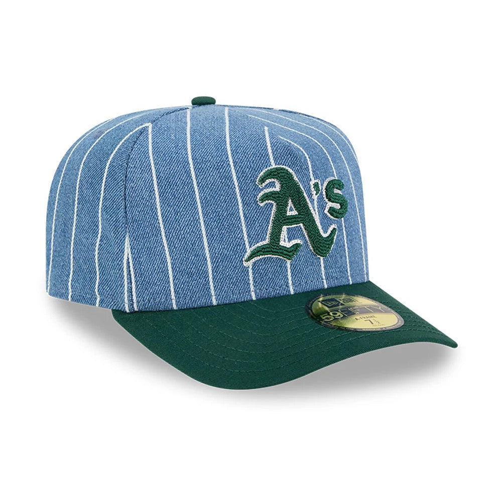 Athletics MLB Parallel Blue New Era 59FIFTY A-Frame Fitted Cap, three-quarter view with a green embroidered A’s logo on the blue and white pinstriped crown, a green visor and a gold 59FIFTY size sticker on the visor.