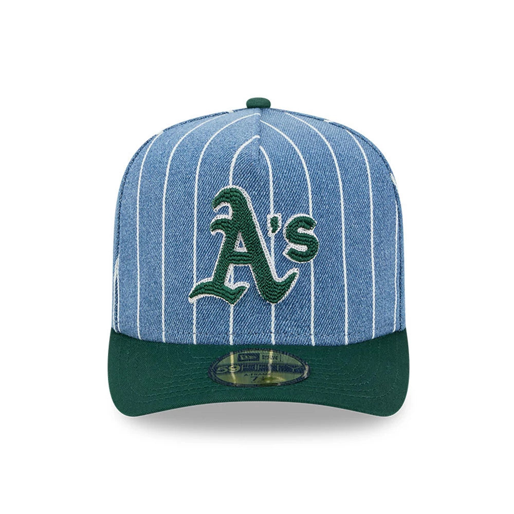 Athletics MLB Parallel Blue New Era 59FIFTY A-Frame Fitted Cap, front view with a large green embroidered A's logo on the blue pinstriped crown, a dark green visor, and a gold 59FIFTY size sticker on the visor.
