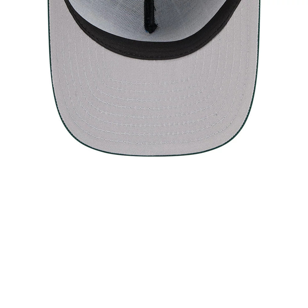 Athletics MLB Parallel Blue New Era 59FIFTY A-Frame Fitted Cap, inside view showing a grey undervisor with black seam stitching and a sweatband encircling the base, highlighting the structured high crown.