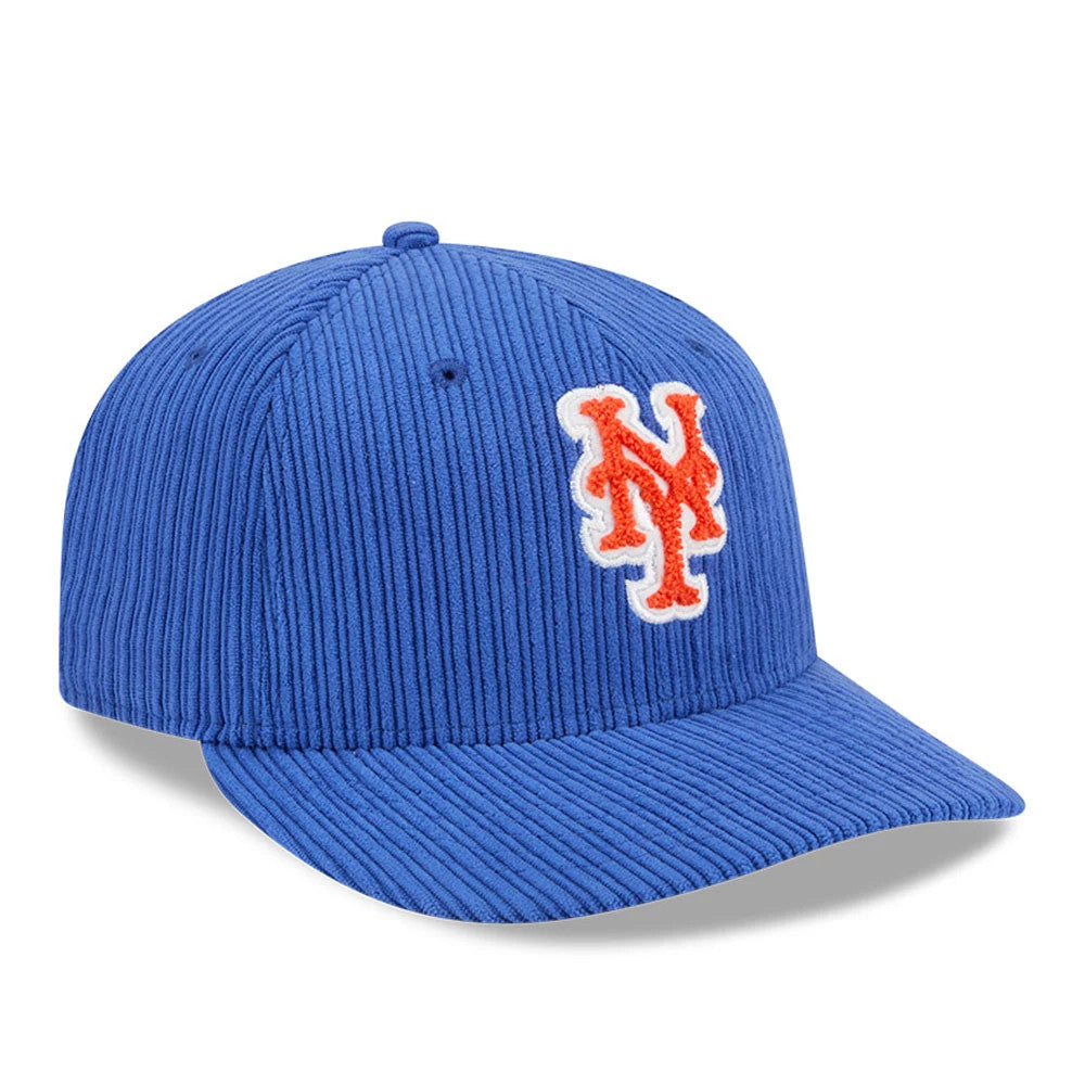 New York Mets MLB Chenille Pop Blue New Era 59FIFTY Fitted Cap, three-quarter view showing the raised orange and white embroidered NY logo on the front panel, with a textured blue chenille fabric on the crown and visor.