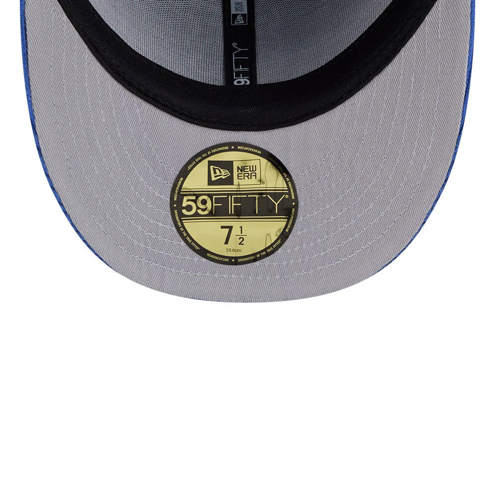 New York Mets MLB Chenille Pop Blue New Era 59FIFTY Fitted Cap, inside view showing the grey undervisor with a gold 59FIFTY size sticker and black sweatband, plus black New Era branded taping down the centre.