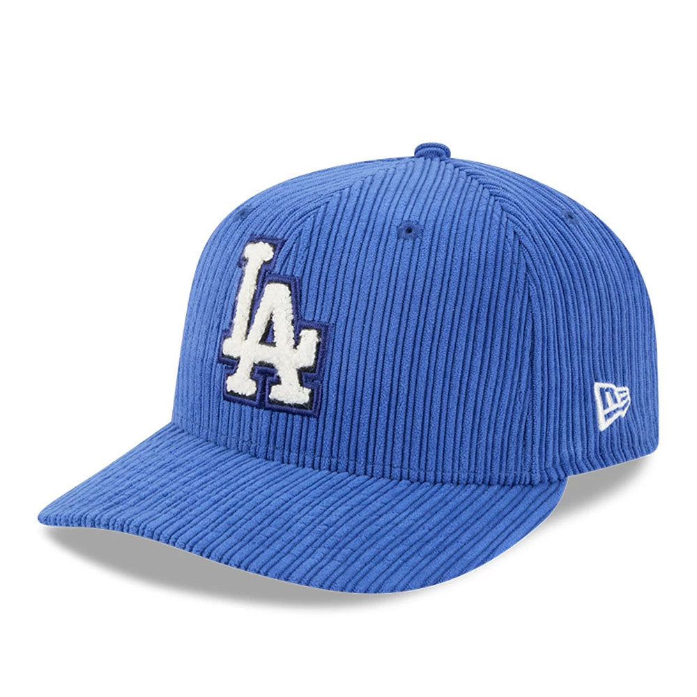 LA Dodgers MLB Chenille Pop Dark Blue New Era 59FIFTY Fitted Cap, three-quarter view showing a white and navy raised LA logo on the ribbed dark blue crown, with the New Era flag logo embroidered on the left side.