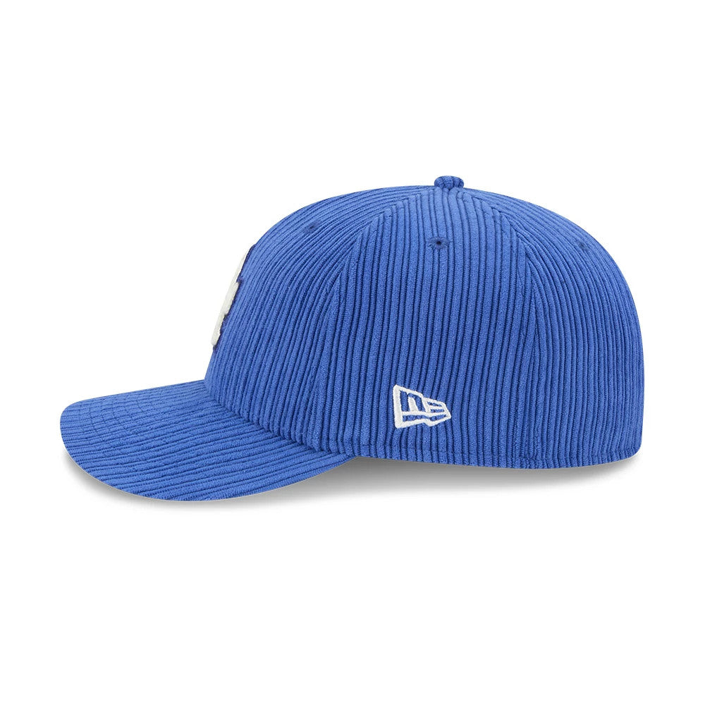 LA Dodgers MLB Chenille Pop Dark Blue New Era 59FIFTY Fitted Cap, side view featuring a white embroidered New Era flag logo on the left side with a textured dark blue ribbed crown and matching visor.