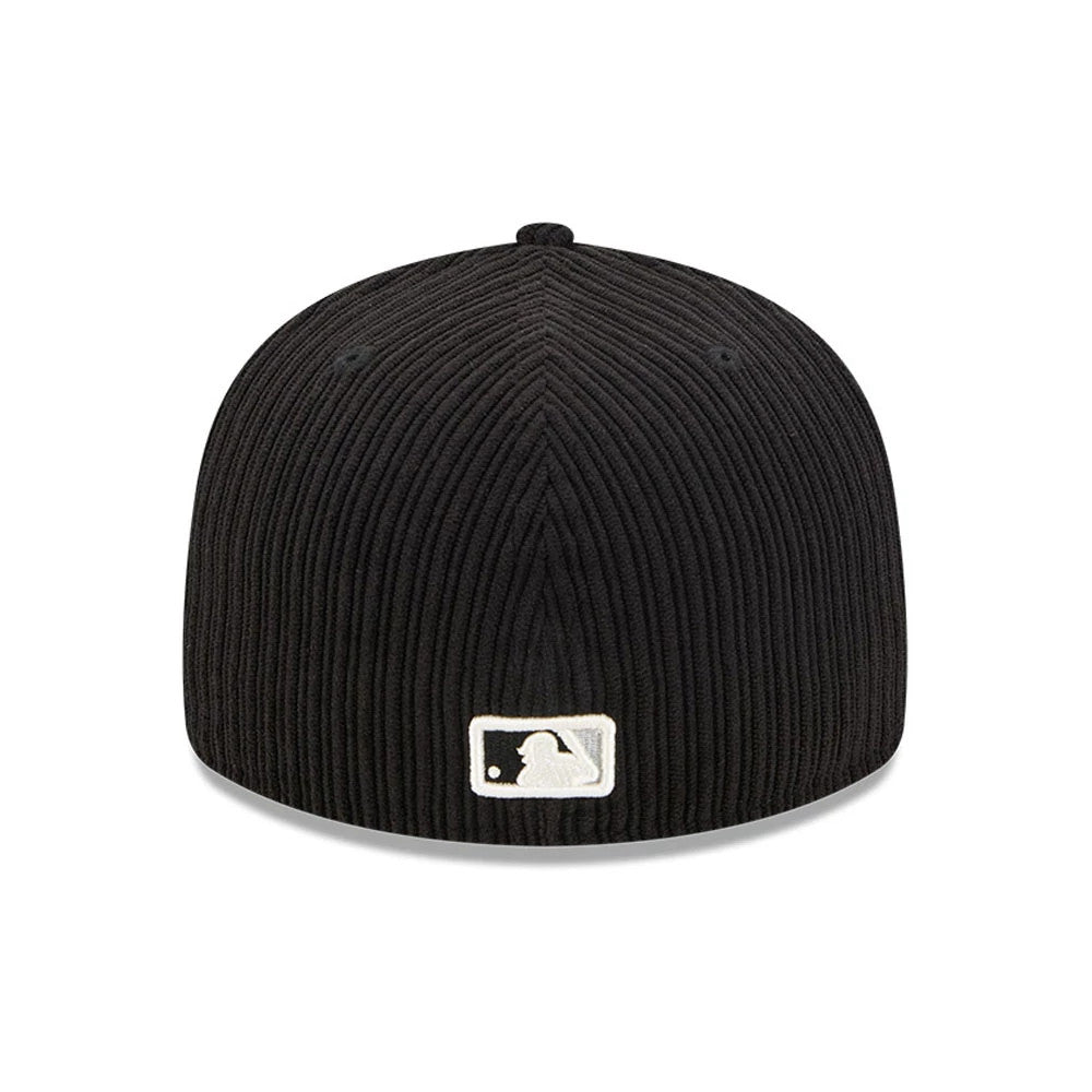 Chicago White Sox MLB Chenille Pop Black New Era 59FIFTY Fitted Cap, rear view showing the white embroidered MLB Batterman logo at the centre back of the textured black crown with ribbed detail.