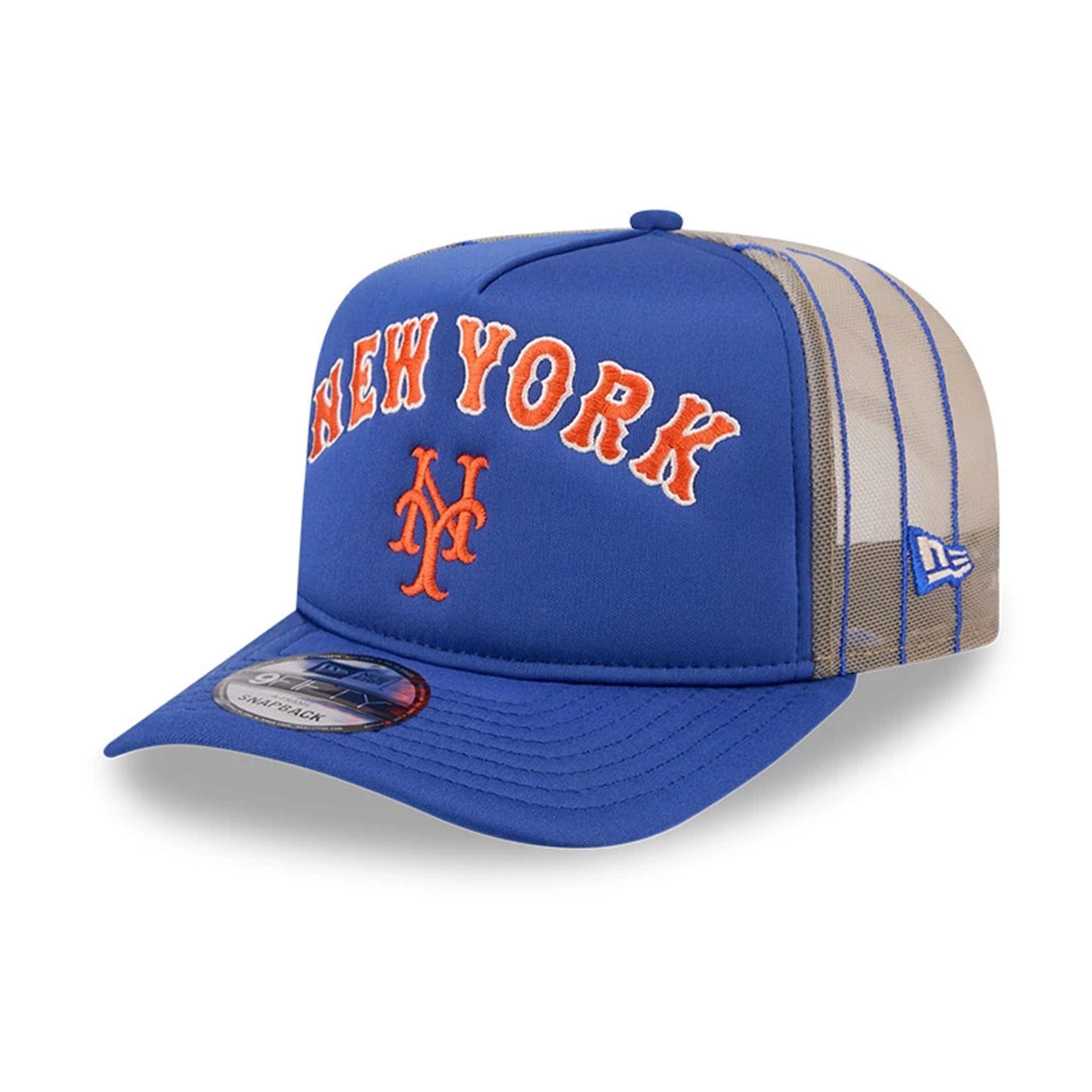 This is a New York Mets MLB Arched Blue 9FIFTY A-Frame Trucker Adjustable Cap 1