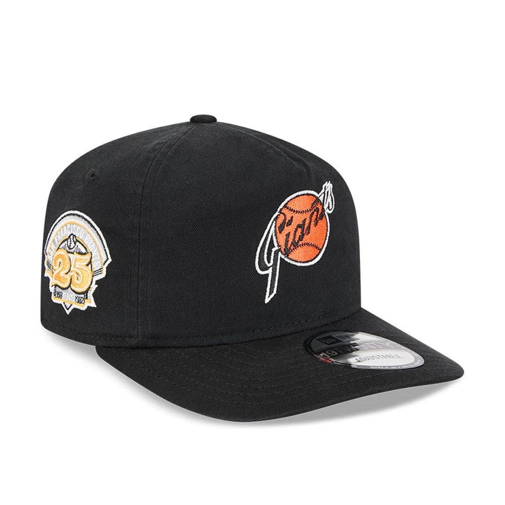San Francisco Giants MLB Championship Black New Era 19TWENTY Adjustable Cap, three-quarter view showing the orange and black Giants logo embroidered on the front panel, a gold 25th anniversary emblem on the right side.
