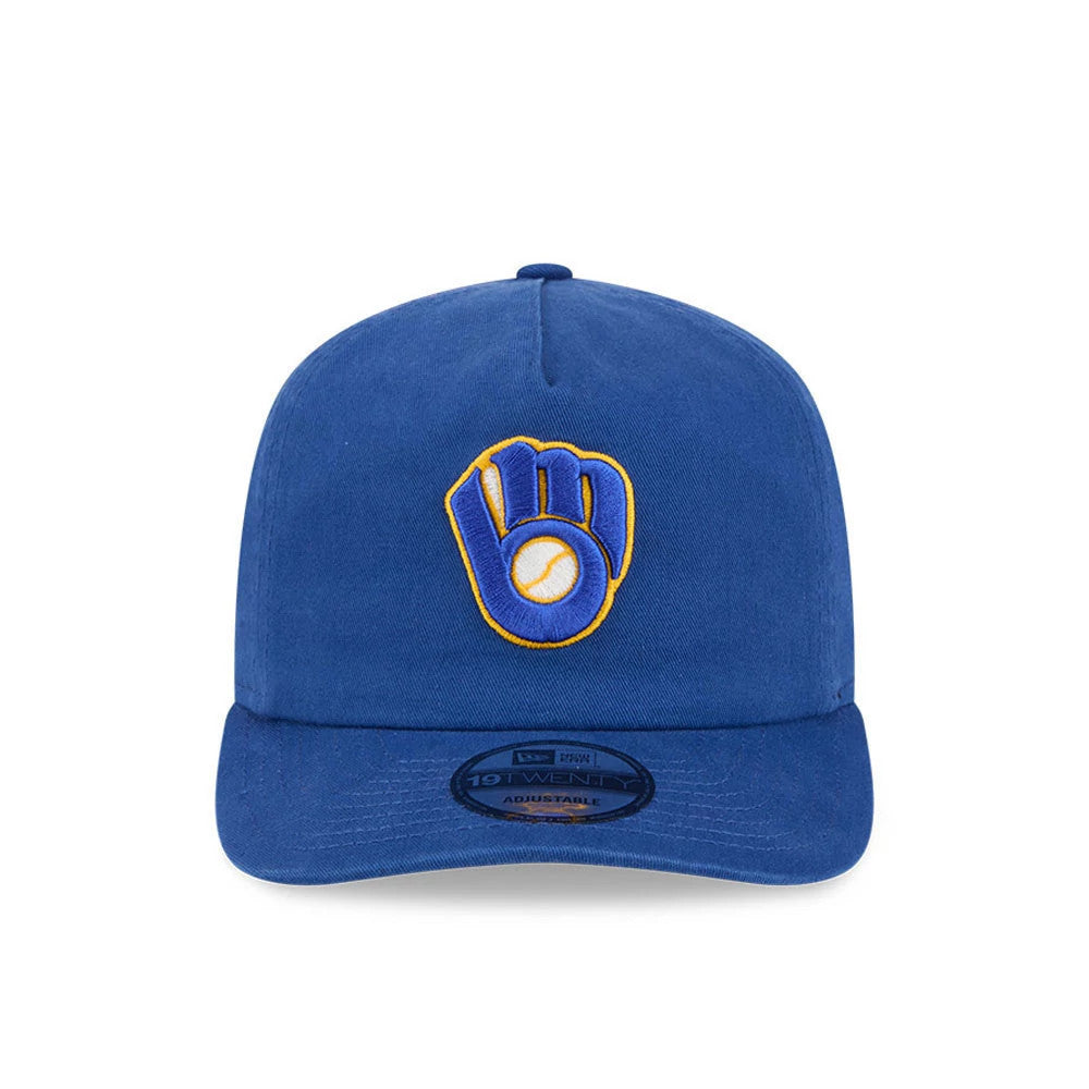 Milwaukee Brewers MLB Championship Blue New Era 19TWENTY Adjustable Cap, front view showing the raised embroidered Brewers logo in yellow and white on the structured blue crown and a 19TWENTY size sticker on the flat blue visor.