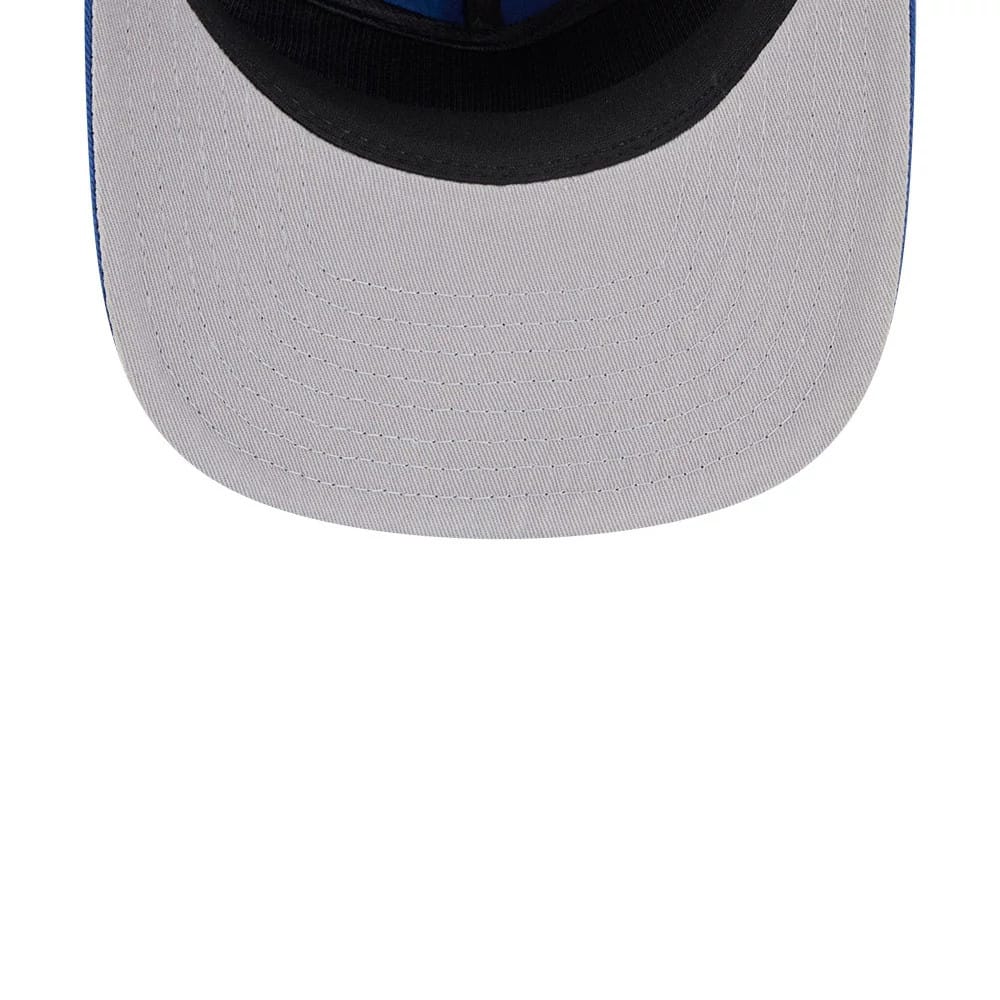 Milwaukee Brewers MLB Championship Blue New Era 19TWENTY Adjustable Cap, inside view showing the black sweatband and stitching on the light grey undervisor, with a glimpse of blue fabric lining the interior of the crown.