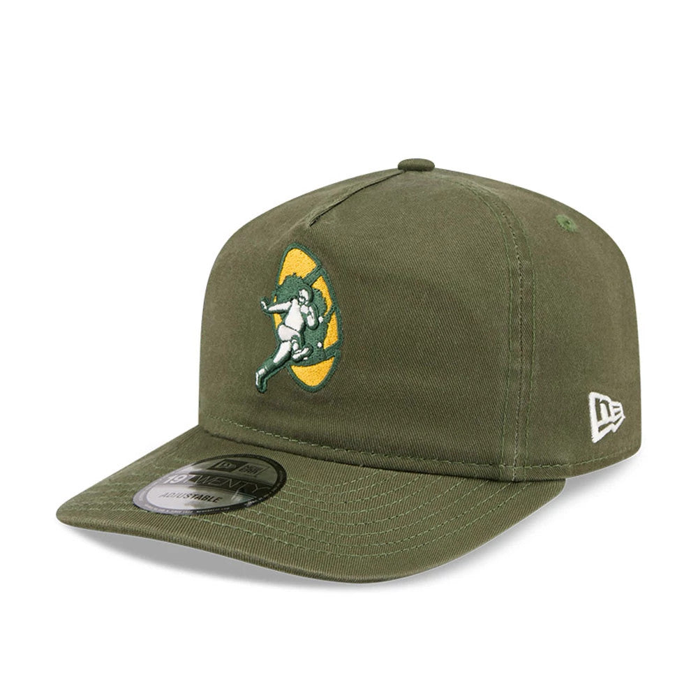 Green Bay Packers NFL Championship Dark Green New Era 19TWENTY Adjustable Cap, three-quarter view showing the raised embroidered Packers logo on the front panel, dark green visor with 19TWENTY size sticker, and New Era flag logo on the left side.